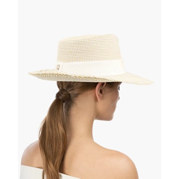 💕ERIC JAVITS💕 Fringe PInch Packable Fedora Squishee Straw Hat ~ Flax Mix NWT - Picture 7 of 16